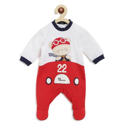Boys Medium Red Printed Nappy Opening Babysuit